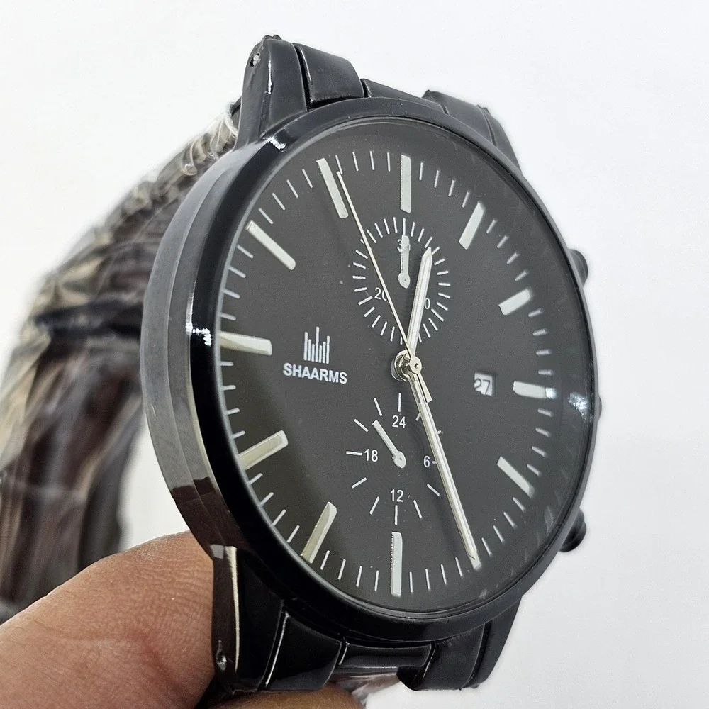 Men's 2 PC Watch Bracelet Set 42MM Black Dial Date Indicator Black‎ Bracelet